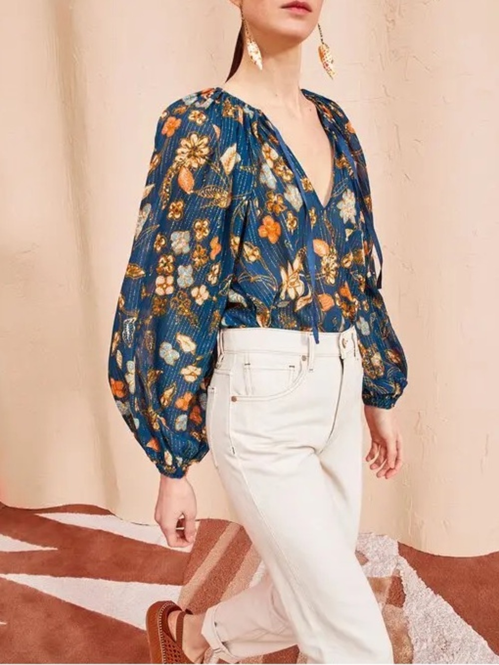 Ulla Johnson Pauline Blue Moonlight Floral Print Crinkle Chiffon Blouse
